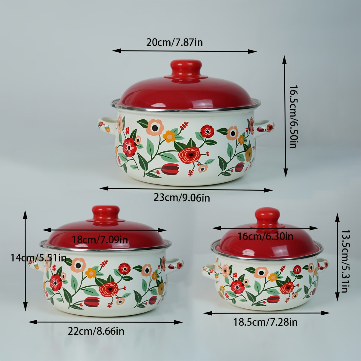 Enamelware Cookware Set of 3 with Lids for Induction Stovetops Floral Design for Home Camping