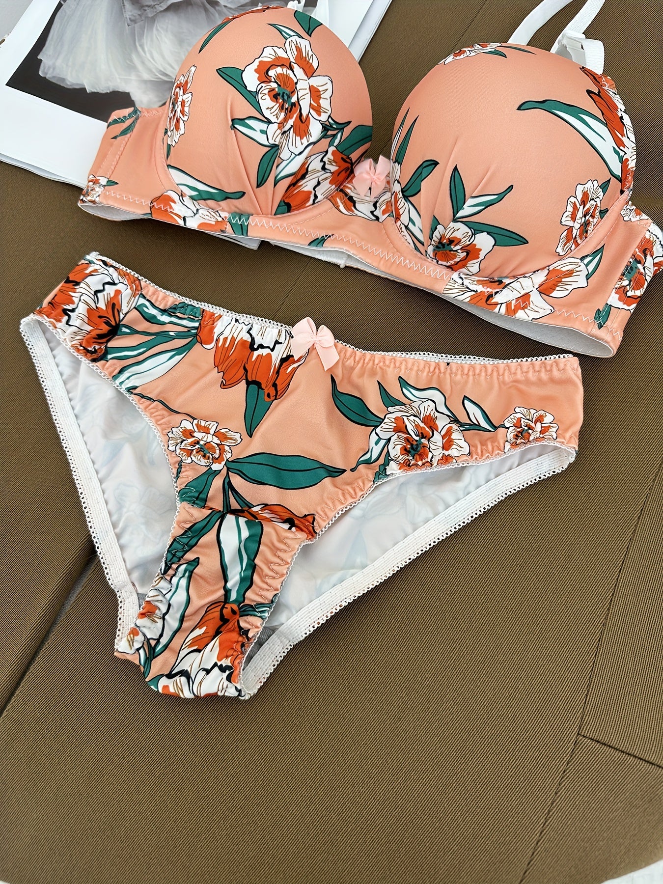 Women's Floral Lingerie Set with Steel Underwire and Breast Enhancement