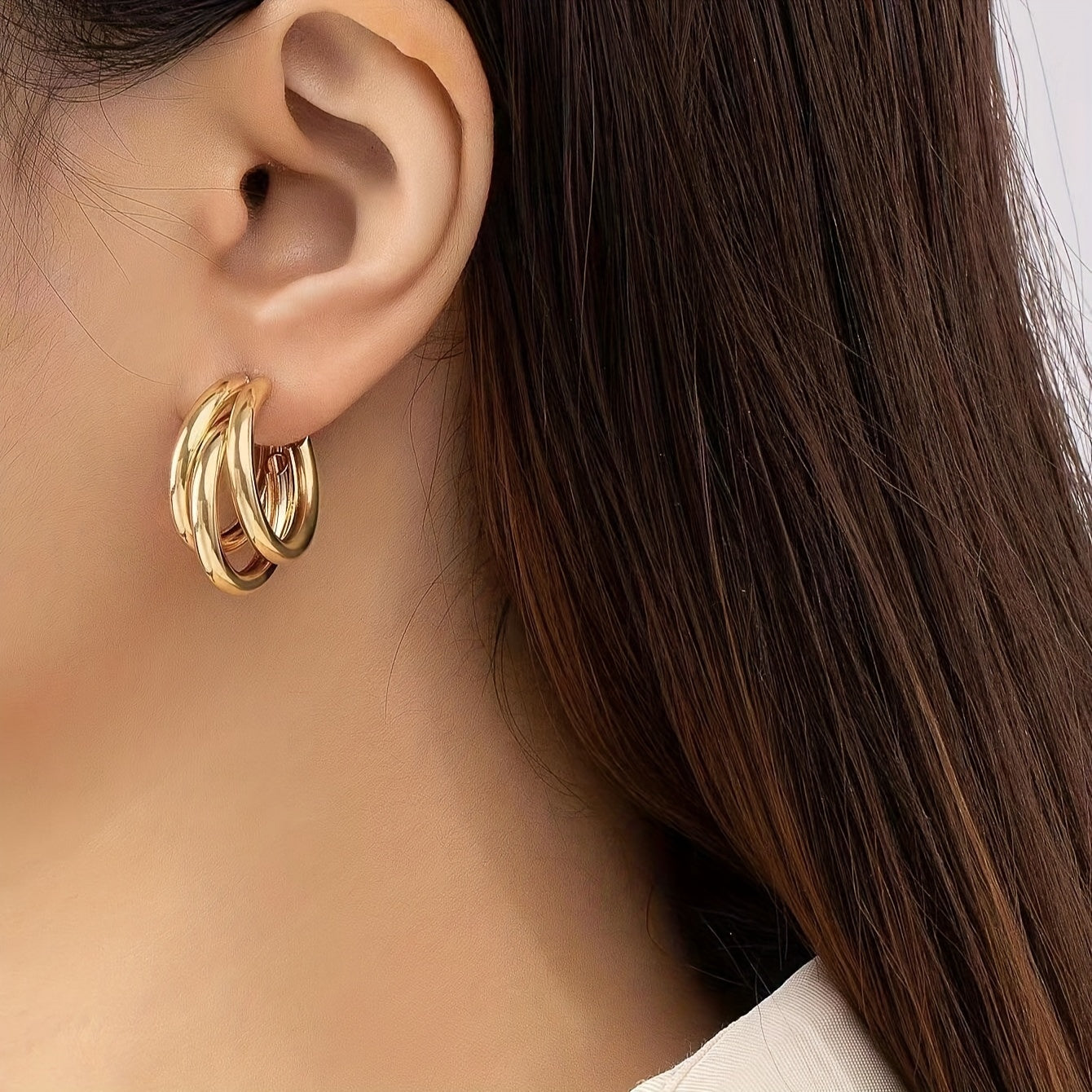 Women's Rhinestone Decor Triple Layer Hoop Earrings Gold Silver Elegant Jewelry