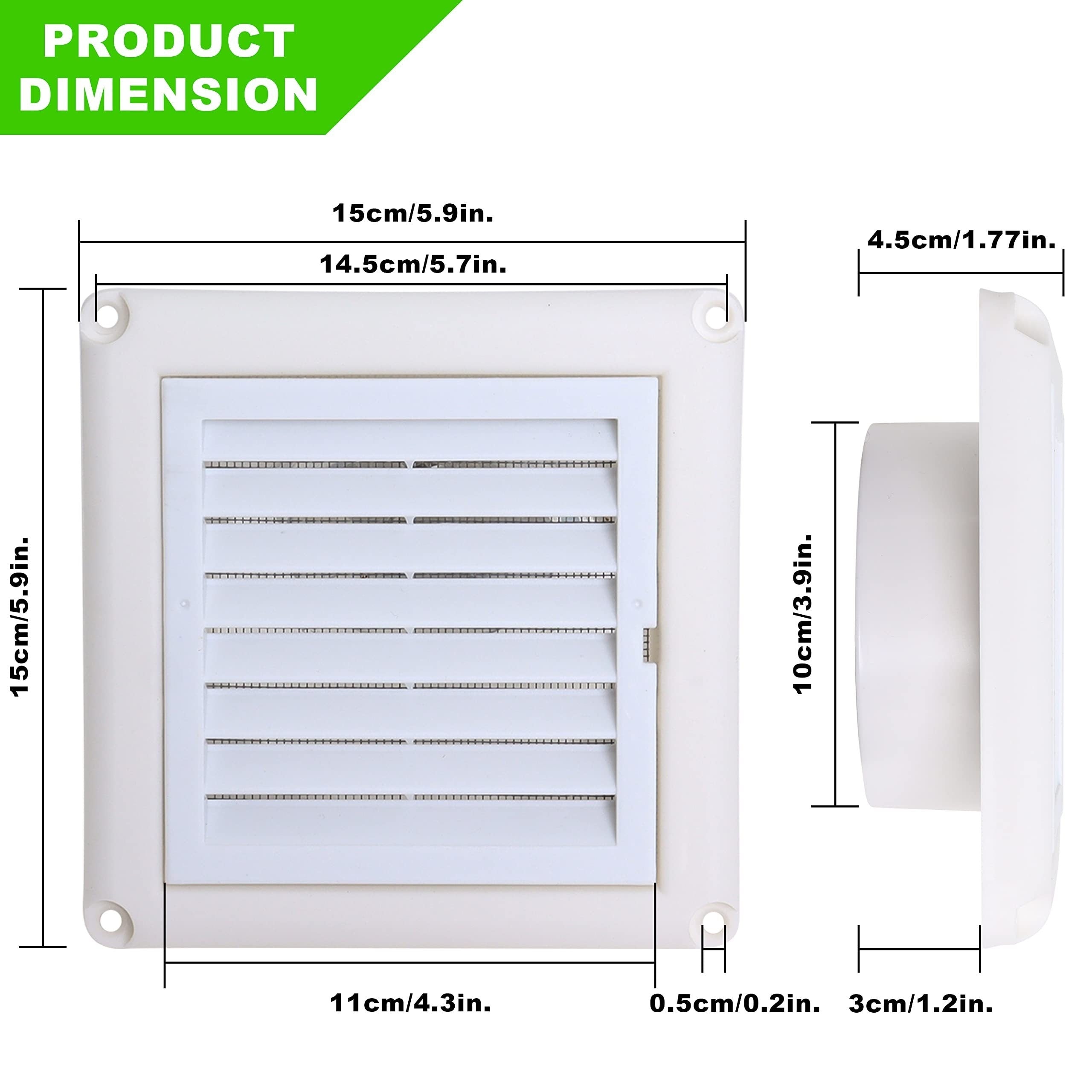 Ochiq havoda quritgich vent qopqog'i, plastmassa, 10.16cm tekis devor vent to'plami