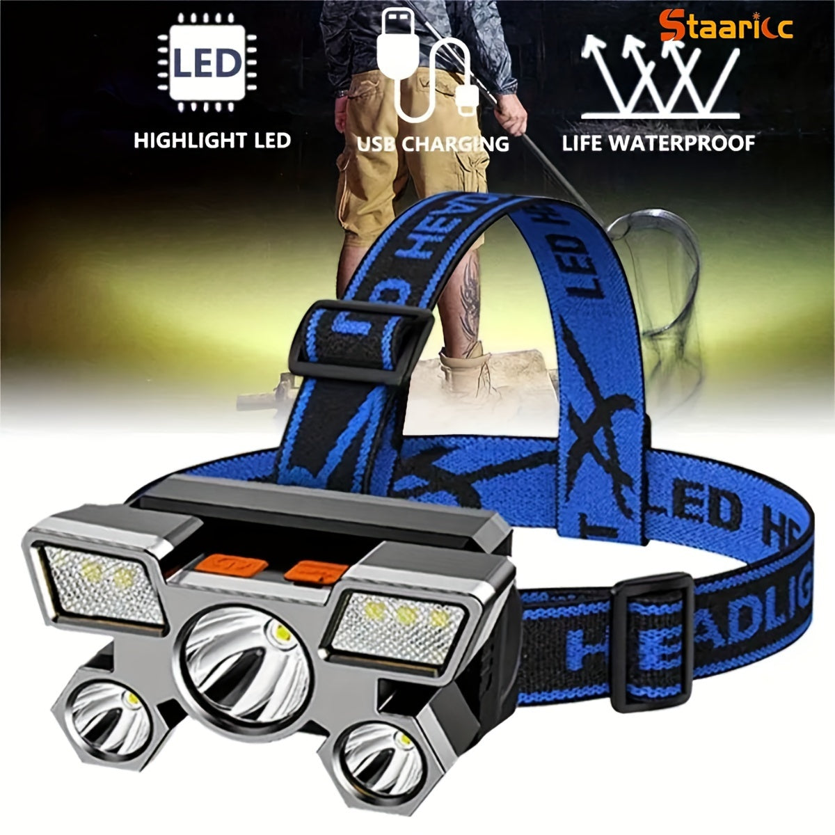 Linterna frontal LED recargable 4 modos ligera para acampada al aire libre pesca minería azul oro