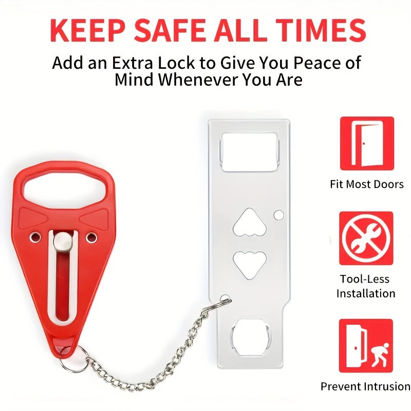 Portable Door Lock with Keychain Durable Plastic Security Latch for Travel or Home Red Blue Black