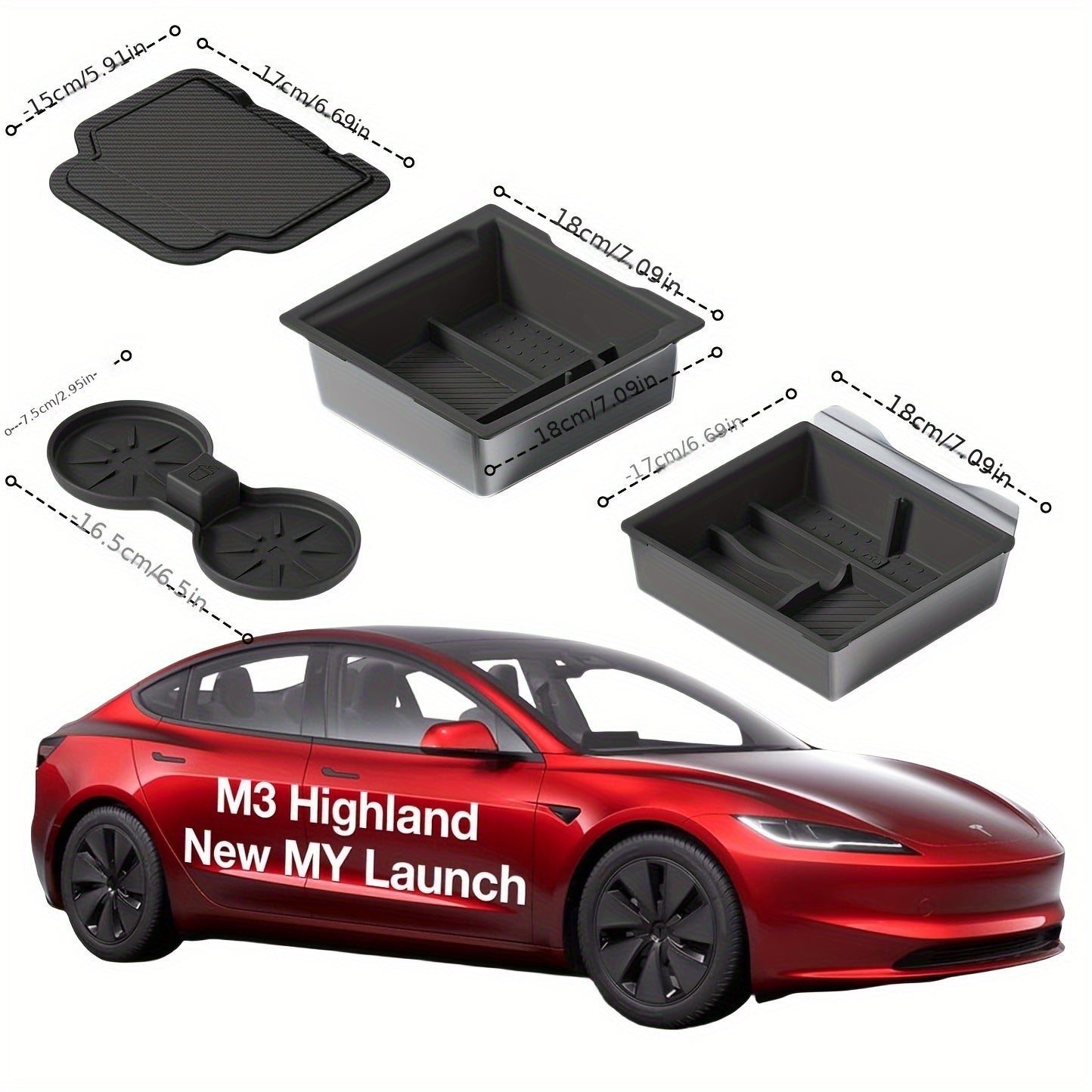 Car Interior Accessory Black Console Organizer 4pcs for Model 3 Y Storage