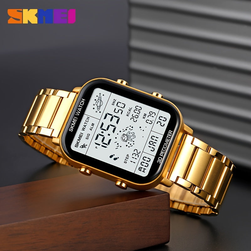 Men's Outdoor Sports Pedometer Watch with Digital Night Light and Gold Case