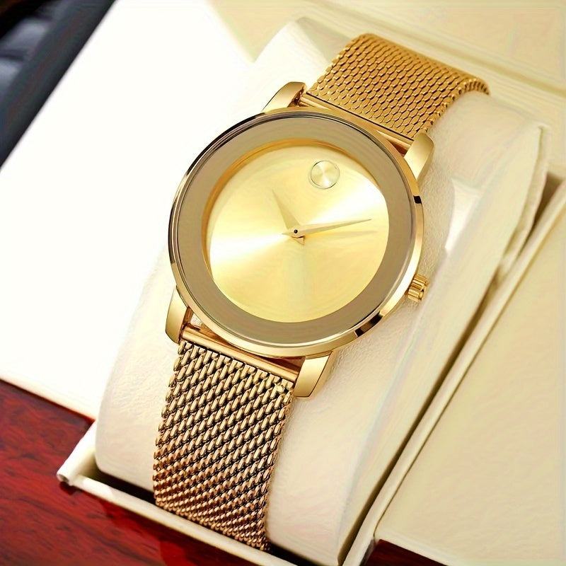 Reloj de cuarzo de tono dorado para hombre con correa de malla, diseño minimalista, caja de aleación duradera