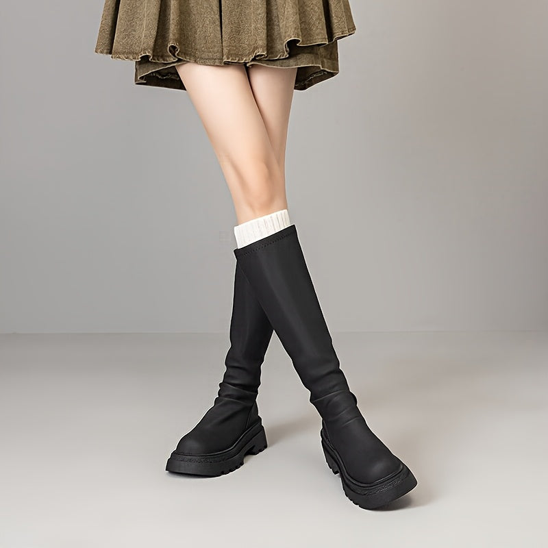 Women’s Chunky Heel Mid-Calf Boots Fabric Lining Zipper Solid Color Fall Winter