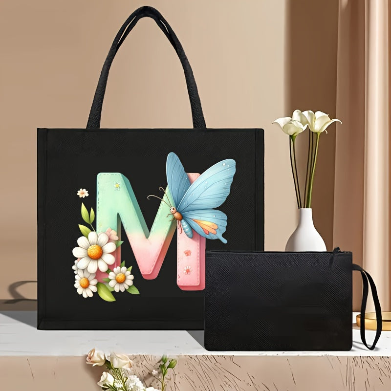 Set of 2 Floral Letter Print Canvas Tote Bags Large Handbag with Clutch Pouch