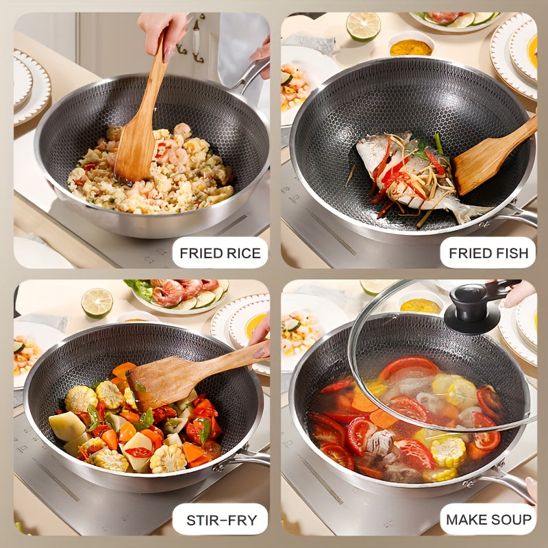 Stainless Steel Wok with Honeycomb Non-Stick Coating for Gas and Induction Stoves