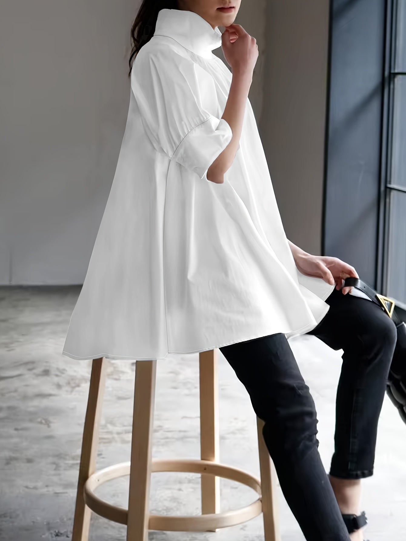 White Women's Casual Woven Cotton Short Sleeve Shirt with Stand Collar