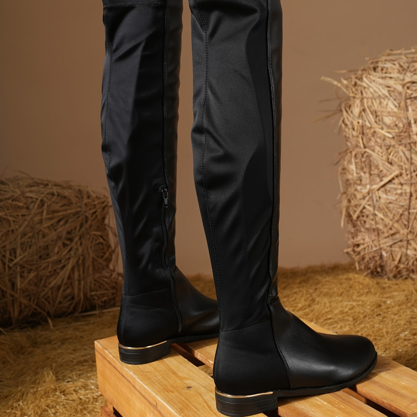 Women's Solid Color Over-The-Knee Boots with Block Heel and Zipper