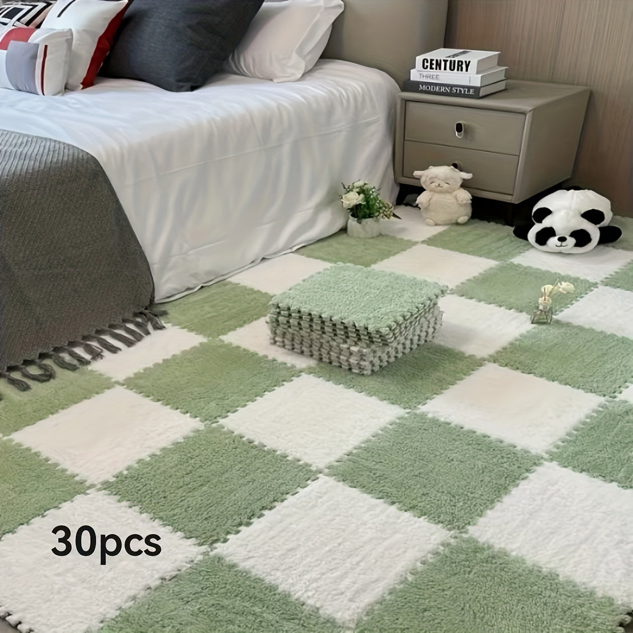 Set of 30 Braided Flannel Area Rugs Square Mats Low Pile Floor Tiles for Bedroom Living Room