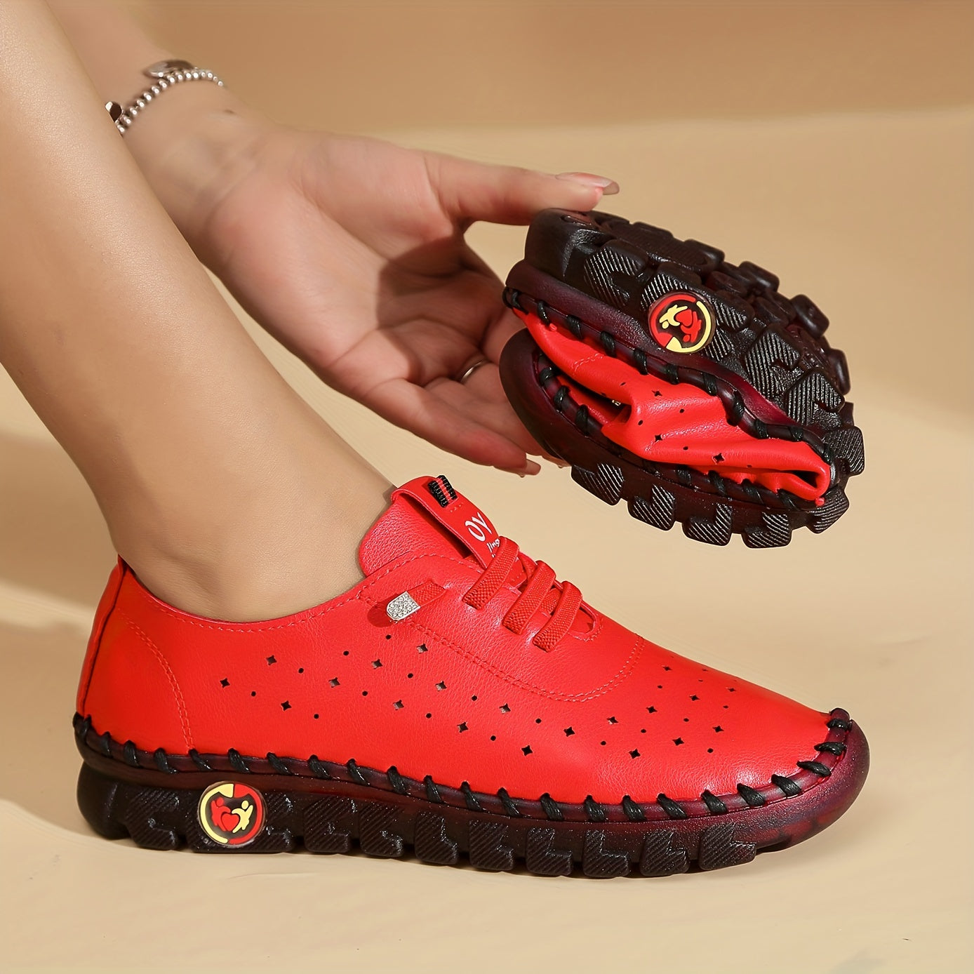 Women's Breathable Flat Sneakers with Hollow Out Design and Solid Color Lace-Up Shoes