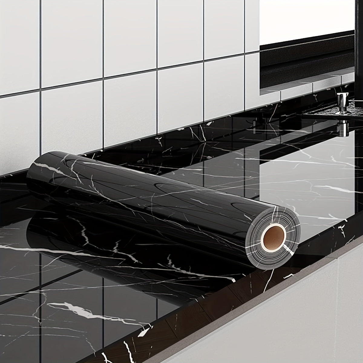 Self-Adhesive Waterproof Wallpaper Black Marble Pattern 40cm x 100cm for Kitchen Backsplash