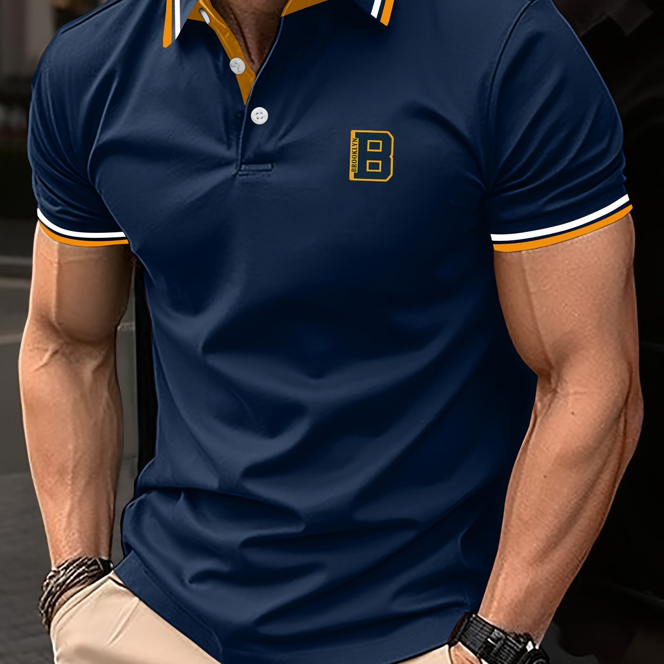 Camisa de manga corta para hombre con bloque de colores y estampado de letras, con solapa, casual para verano y golf
