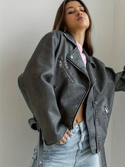 Women's Vintage Biker Jacket with Belted Lapel and Zipper Pockets