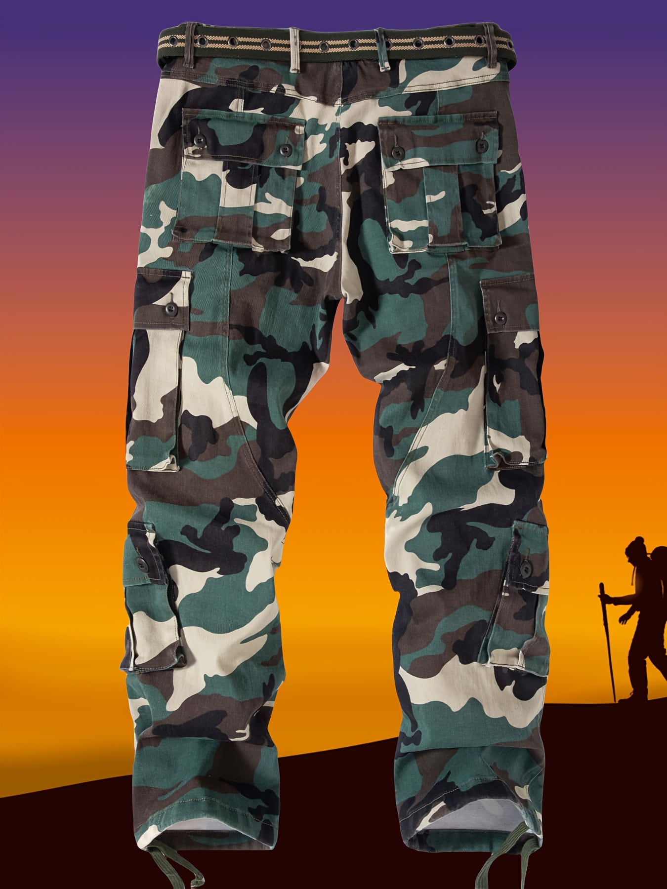 Erkaklar uchun katta o'lchamdagi kamuflyajli yukxona shimlar, ko'p cho'ntaklar bilan, armiya yashil kamuflyaj naqshida. Tashqi faoliyatlar uchun mukammal. Qisqichbaqasimon bel bog'ichiga ega va cho'ziladigan paxta aralashmasida keng kesim.