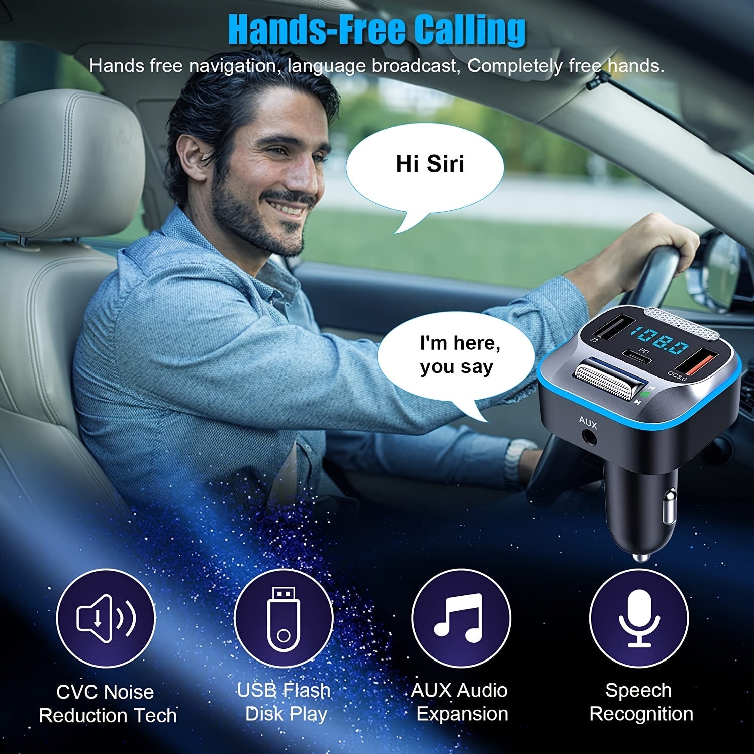 Car Wireless Transmitter Bluetooth Adapter 30W PD QC3.0 Hands-Free Calling LED Console