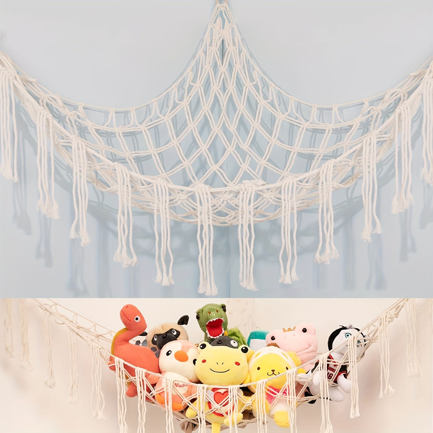 Cotton Plush Toy Storage Net Organizer with Hooks for Kids Room Nursery White