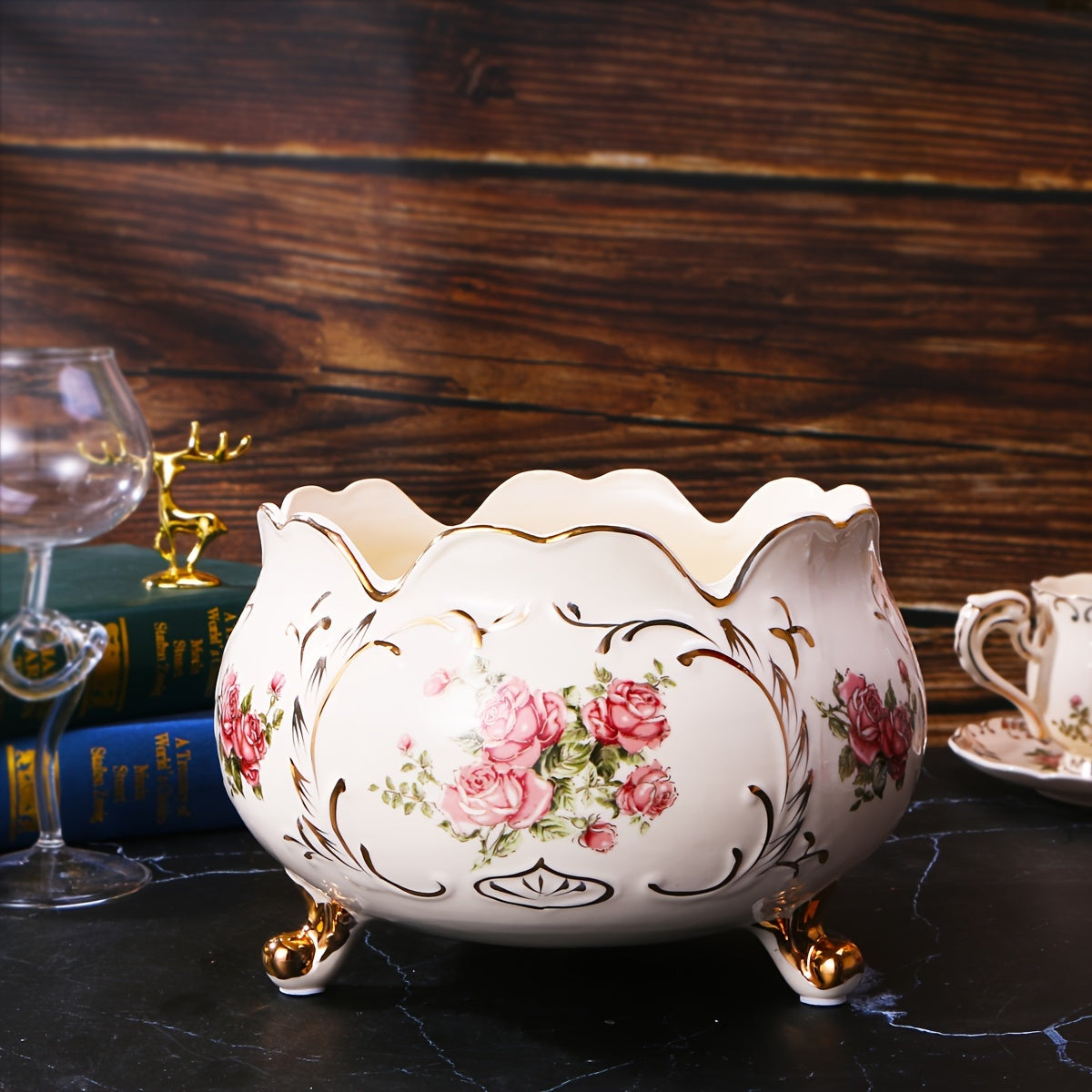 Слоновая кость белая керамическая ведро с розовым дизайном 2800 мл с золотой каймой для домашнего и офисного декора