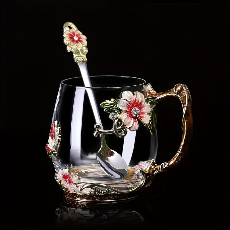 Enamel Flower Tea Cup Set 320ml 350ml for Home Office Gifting