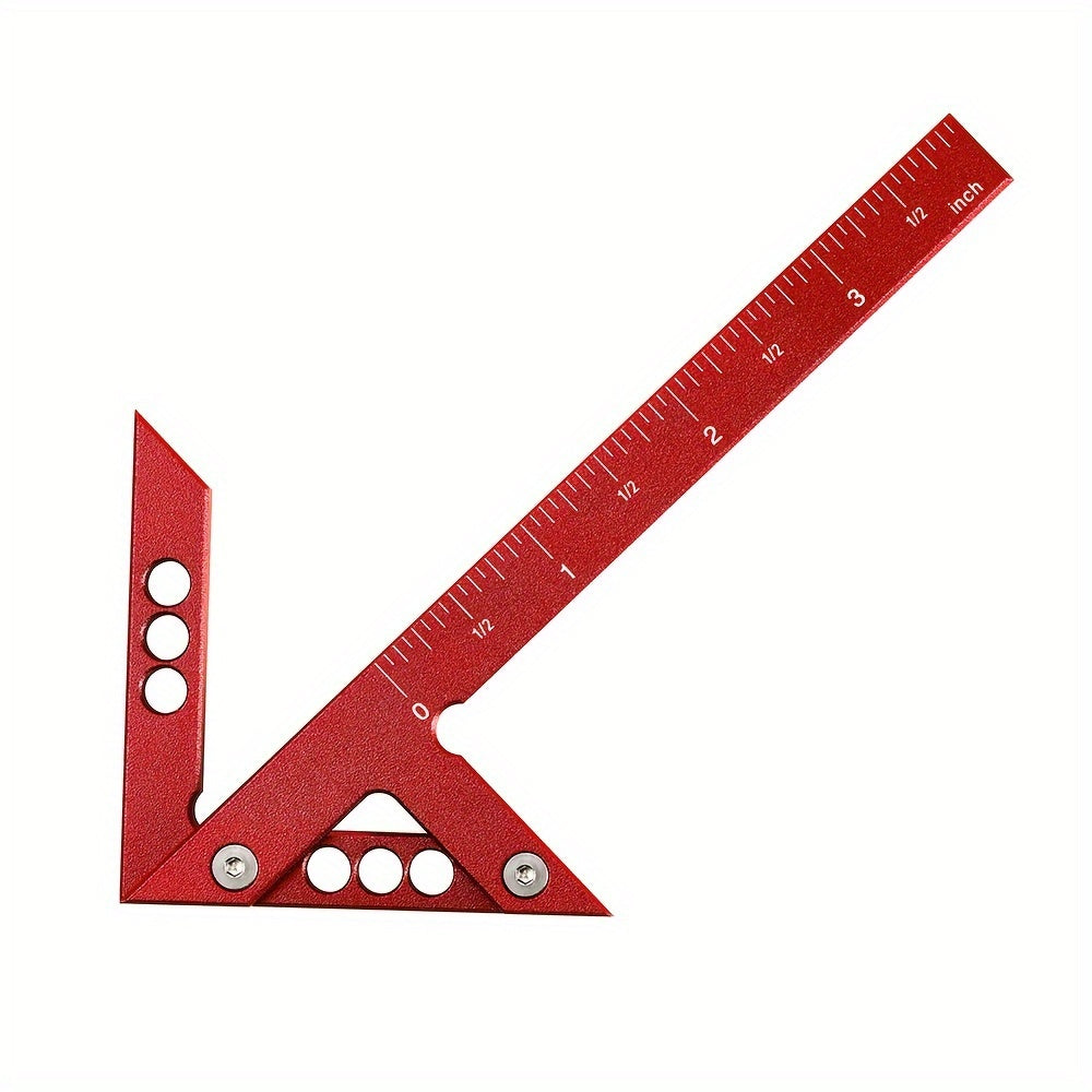 Regla de carpintería de aleación de aluminio azul con centro de marcado y medidas en pulgadas y cm