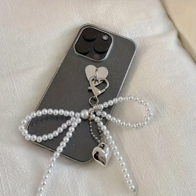 Large Heart-Shaped Metal Pendant with Pearl Bow for Women Girls Mobile Phone Camera Bag Keychain