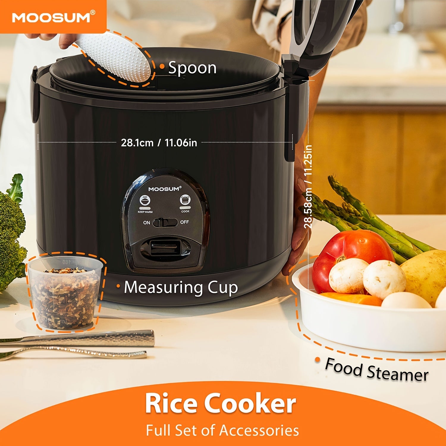 Мультиварка с однокнопочным управлением, 1,8 л - 10 чашек, идеально подходит для 2-10 человек. Включает функцию поддержания тепла, вставку для пароварки, ложку и мерный стакан.