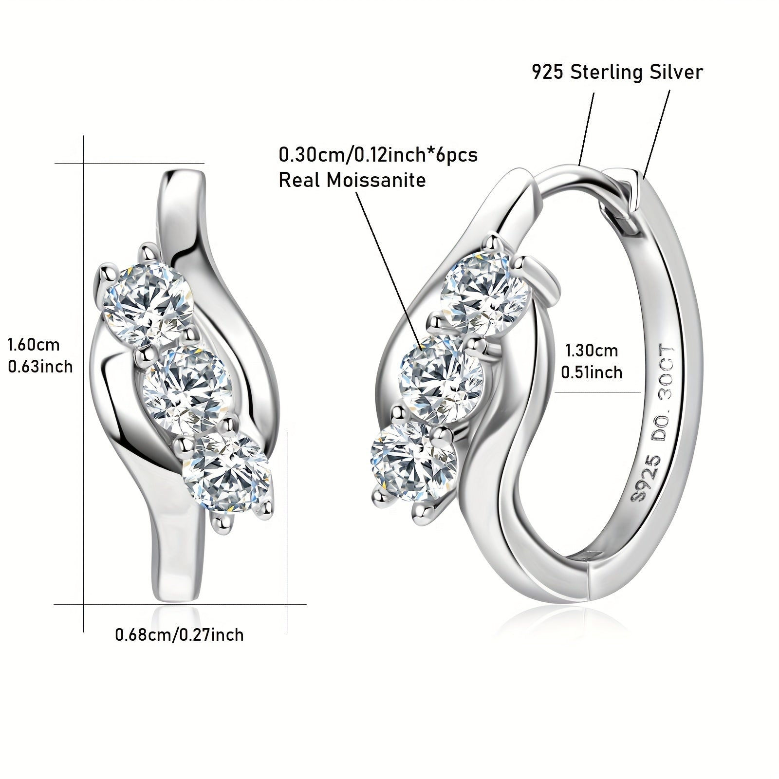Sterling Silver Hoop Earrings 0.6ct Moissanite 3mm Jewelry Gift