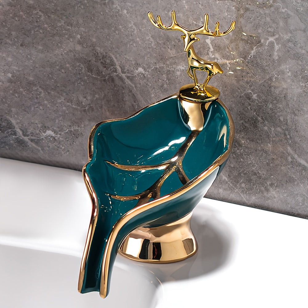 Ceramic Leaf-Shaped Soap Dish with Self-Draining for Bathroom Sink Storage