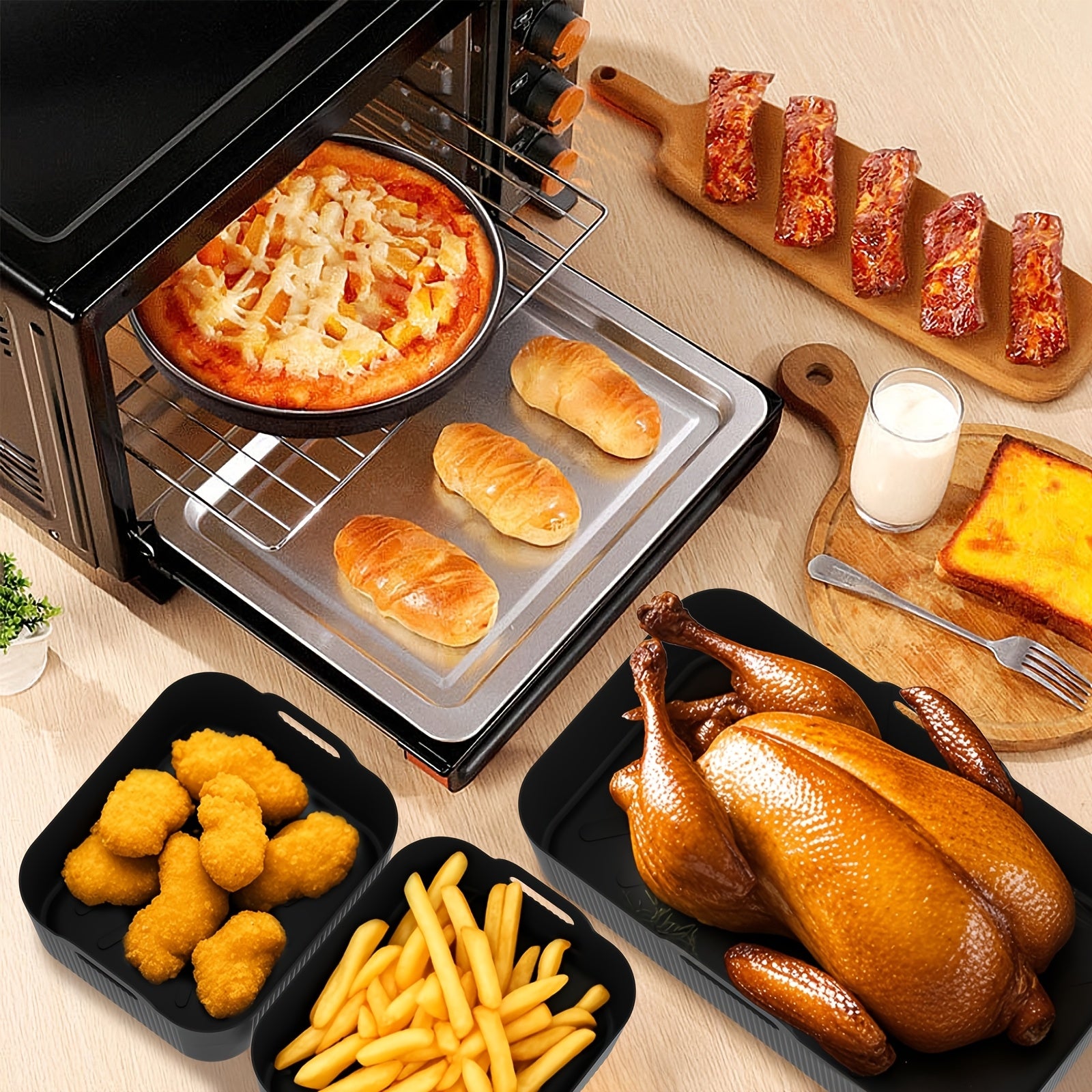 3 ta issiqlikka chidamli qayta ishlatiladigan silikon qoplamalar to'plami, havo fritözlari, pechlar va bug'li idishlar uchun