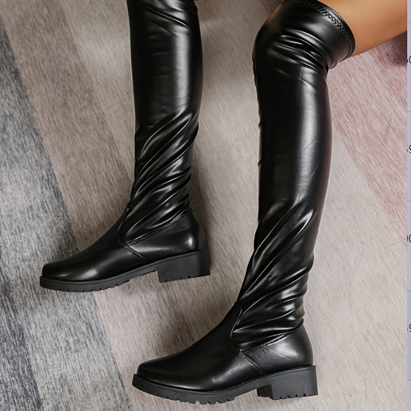 Plus-Size Women's Over-the-Knee Boots Black Slip-On Low Heel All Seasons