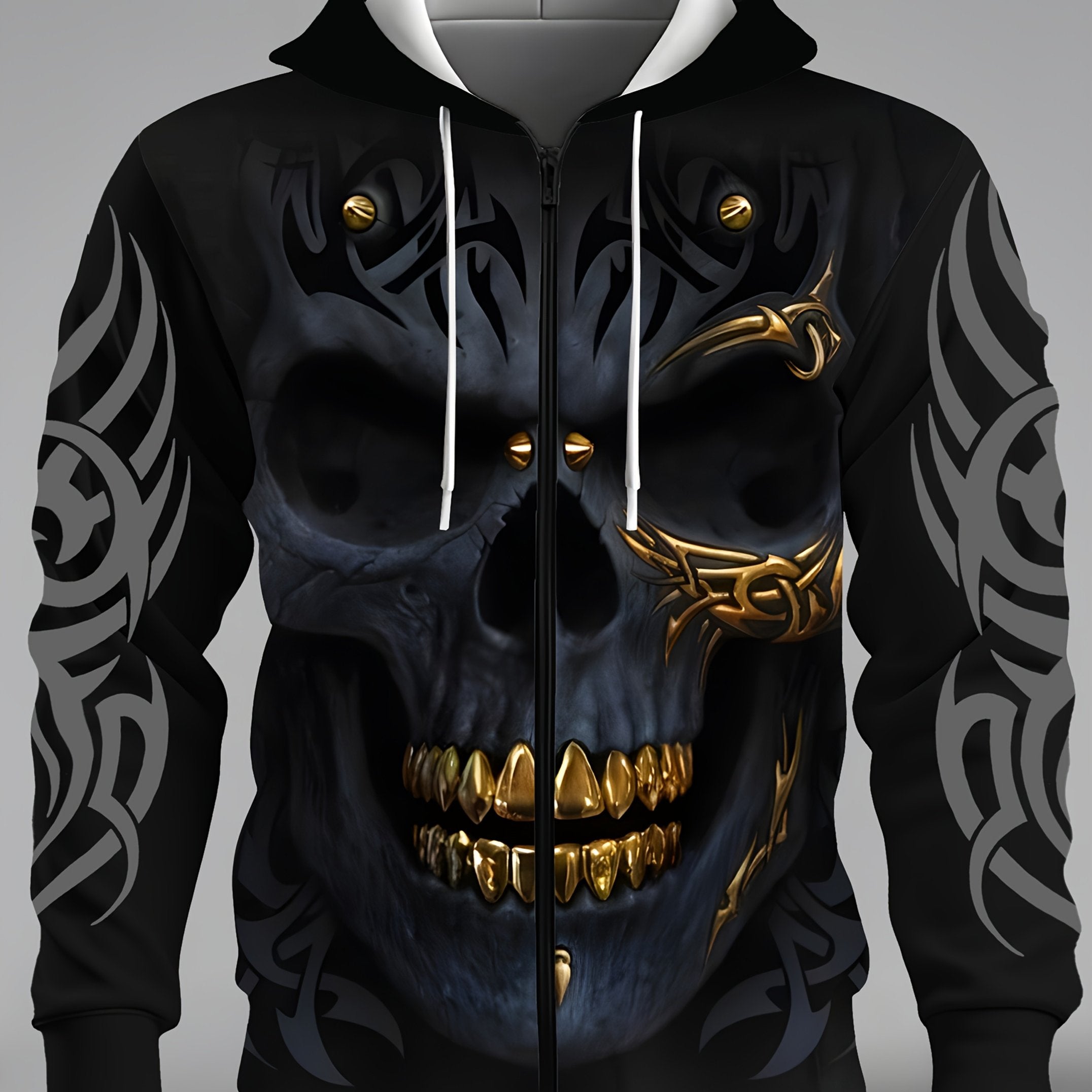 Men's Hoodie with Zipper Pocket and 3D Skull Print Polyester Knit Fabric