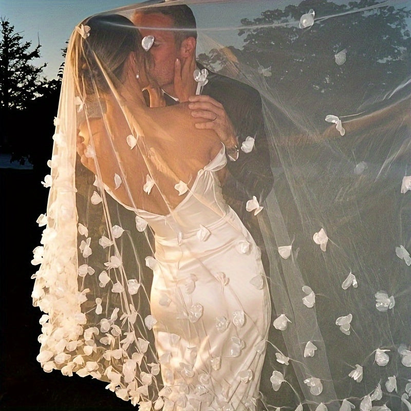 Elegant Bridal Veil 1.2m Long Single Layer with 3D Floral Design and Comb