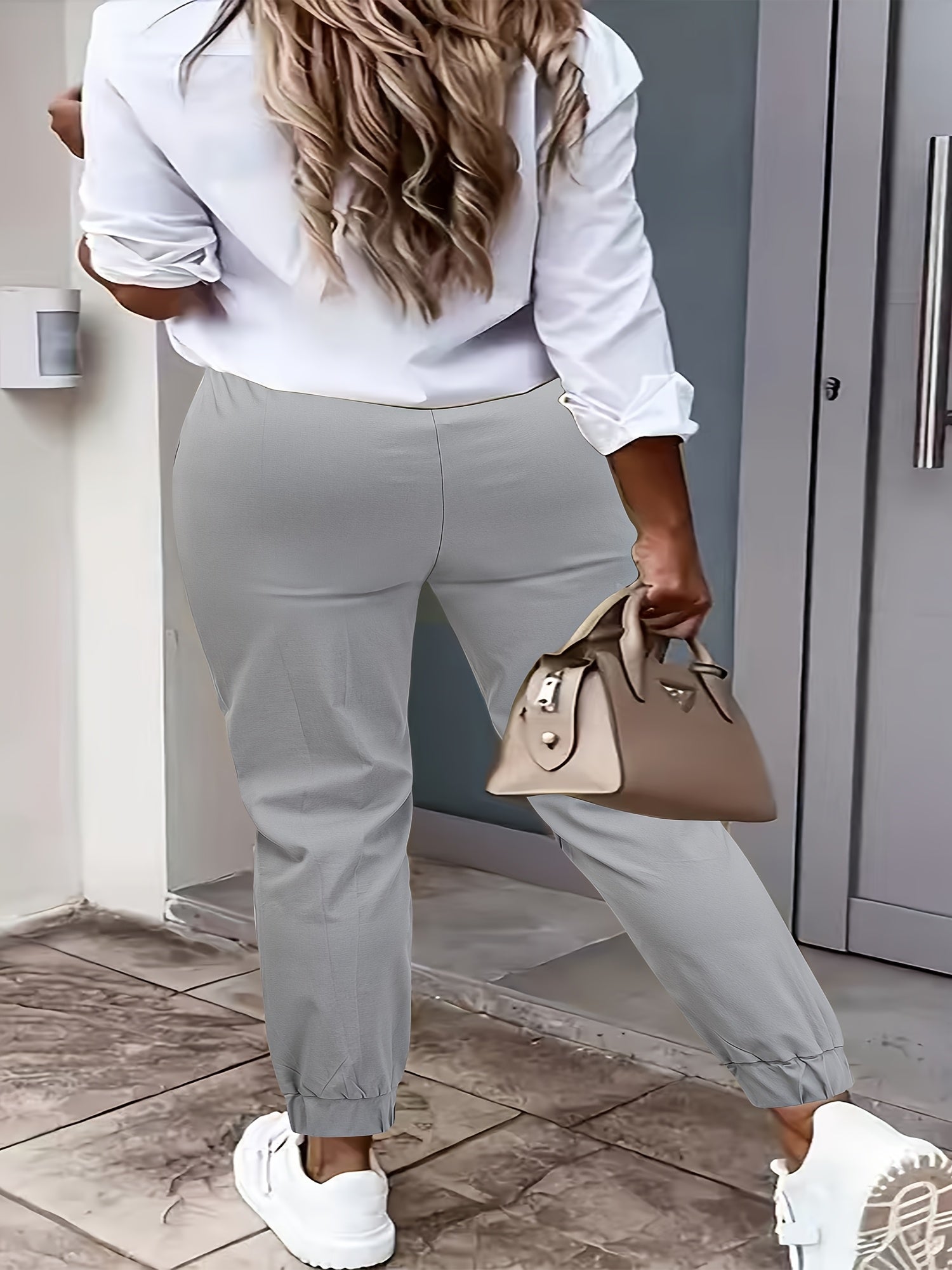 Women's Plus Size Cargo Pants Solid Color Stretch Fabric All-Season Pockets