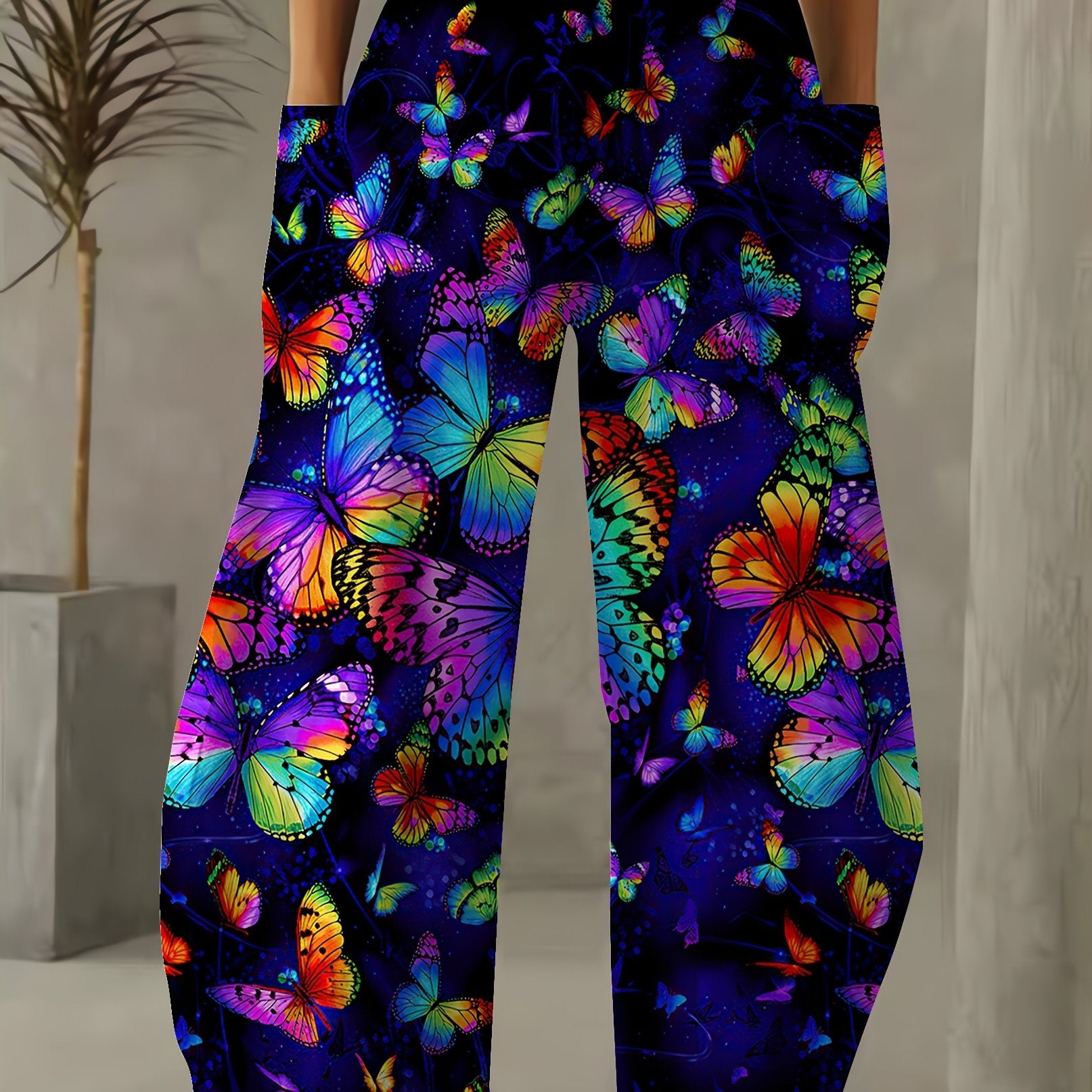 Women's Butterfly Print 3D Wide Leg Palazzos Casual Elastic Waist Pants