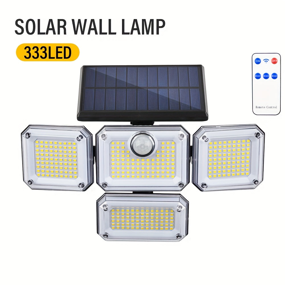 Solar-Powered Outdoor Light with 333 LEDs Motion Sensor Remote Control 4-Head Patio Yard Garage Porch