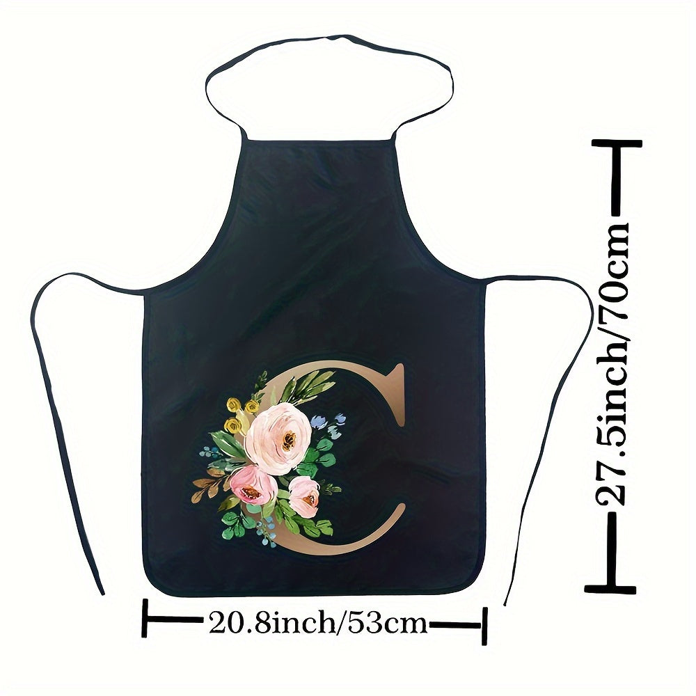 Women's Floral Polyester Kitchen Apron with Letter Print and Monogram