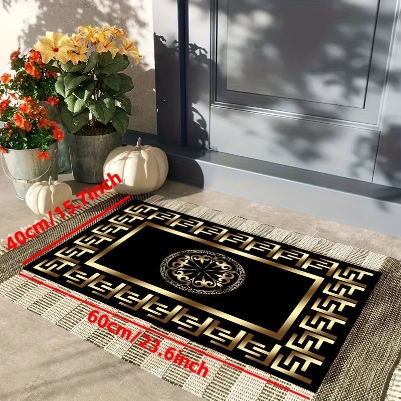Elegant F-Pattern Runner Rug Golden Black Non-Slip Machine Washable Polyester Entryway Living Room Outdoor