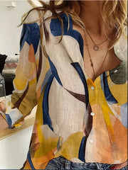 Plus Size Womens V-Neck Blouse Geometric Print Polyester Long Sleeve Casual