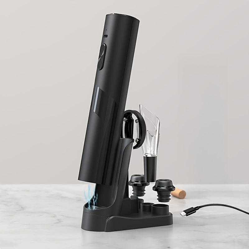 Electric wine opener set with rechargeable corkscrew, charging base, foil cutter, pourer, and stopper for parties and events