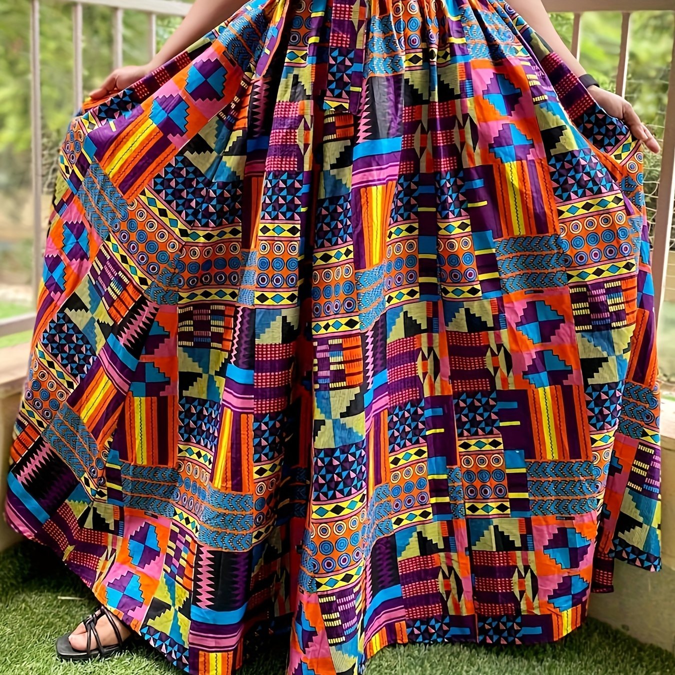 Plus Size Women Geometric Print Belted Skirt Casual Elastic Waist Spring Summer