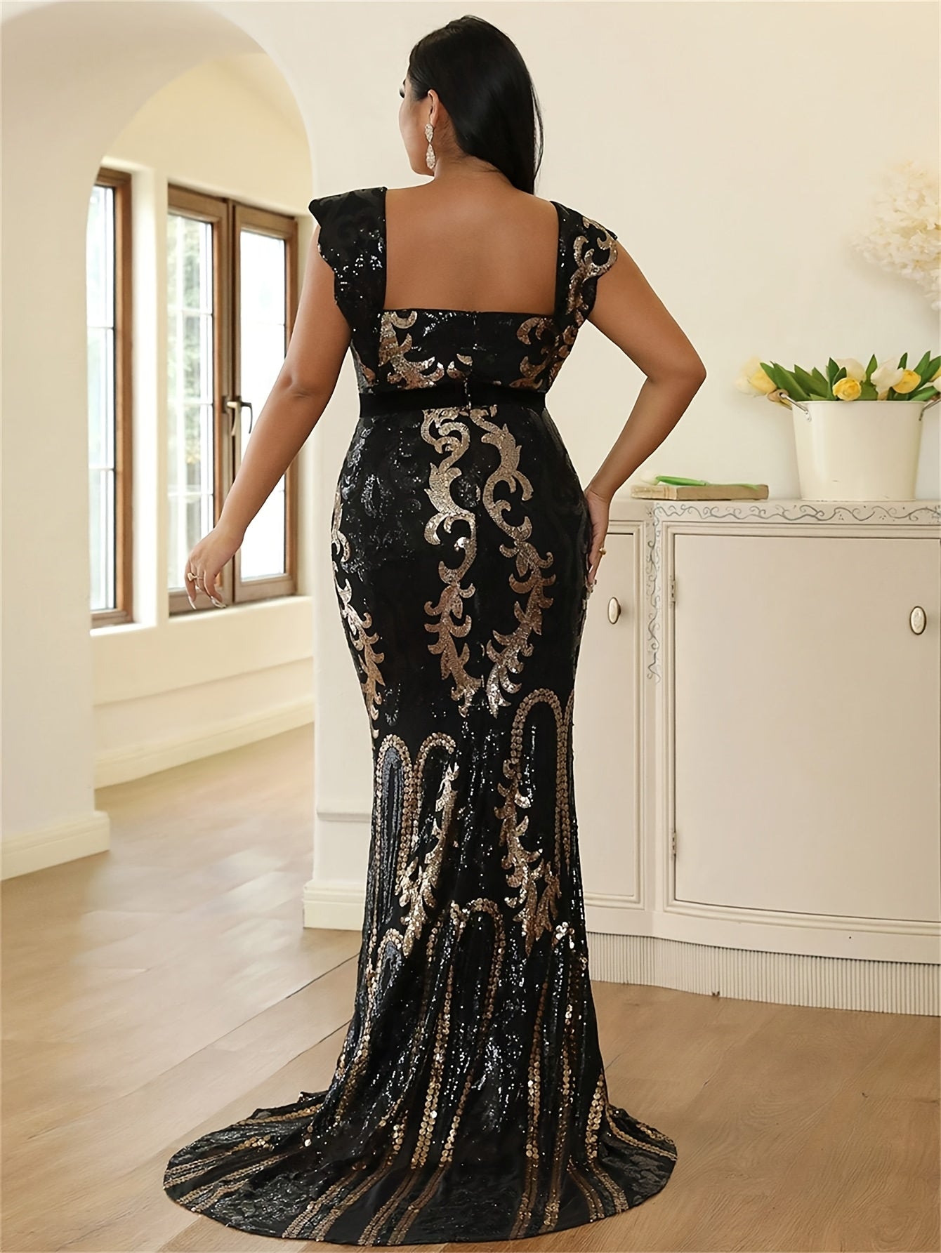 Women's Black Sequin Strapless Bodycon Dress High-Low Hem Formal Evening Gown