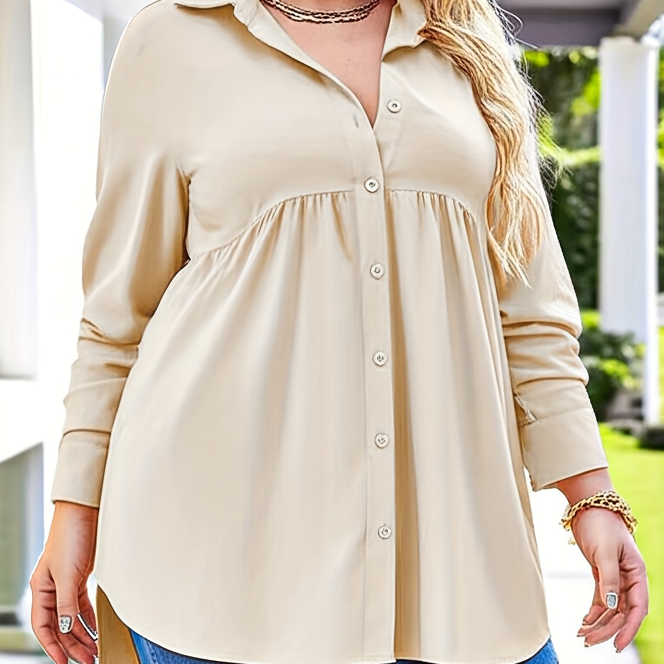 Plus Size Women's Blouse Soft Ice Silky Fiber Button-Up Collar Pockets A-Line Long Sleeve Spring Summer Fall