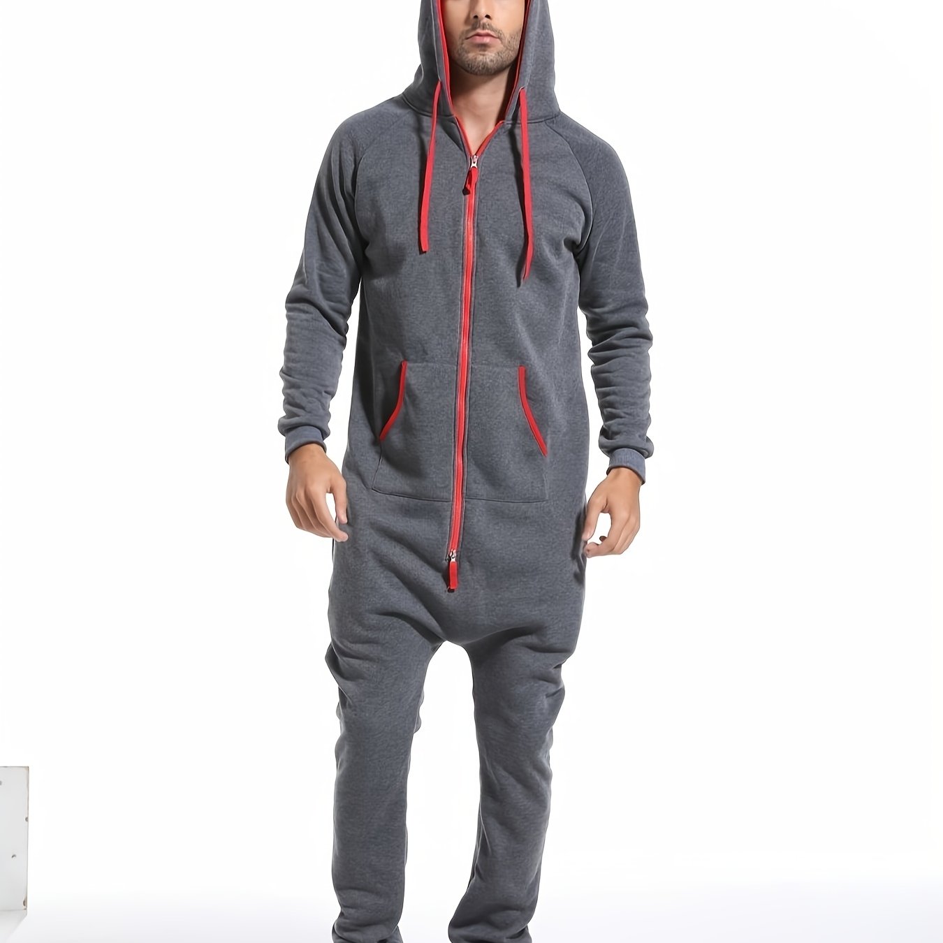 Men's Winter Pajama Jumpsuit Solid Long Sleeve Knit Polyester Hooded Pockets Comfortable Lounge Wear
