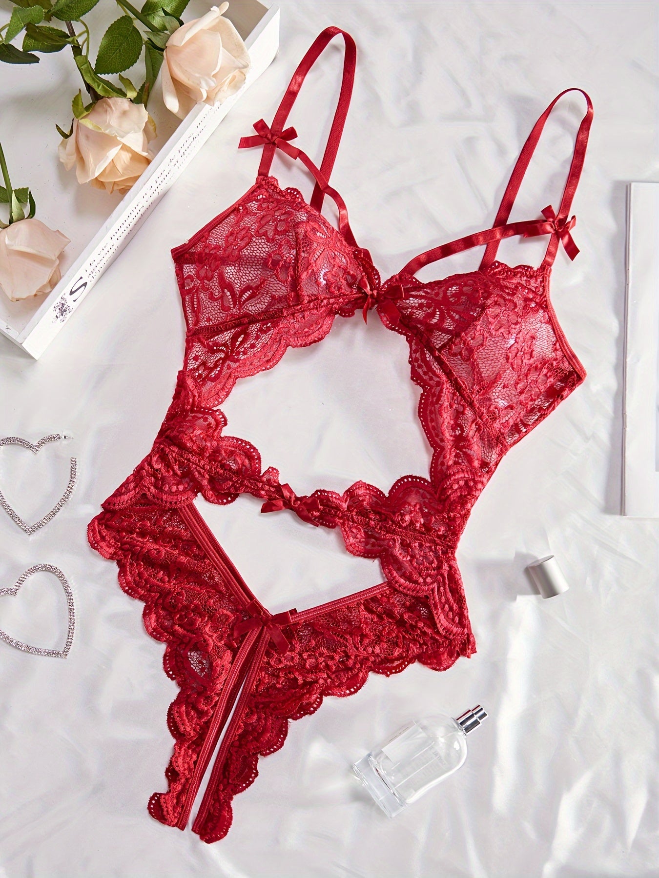 Women's Lace Teddy Bodysuit with Open Back and Strappy Thong