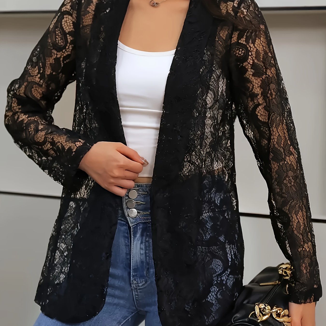 Women's Plus Size Black Lace Cardigan Lightweight Long Sleeve Open Front