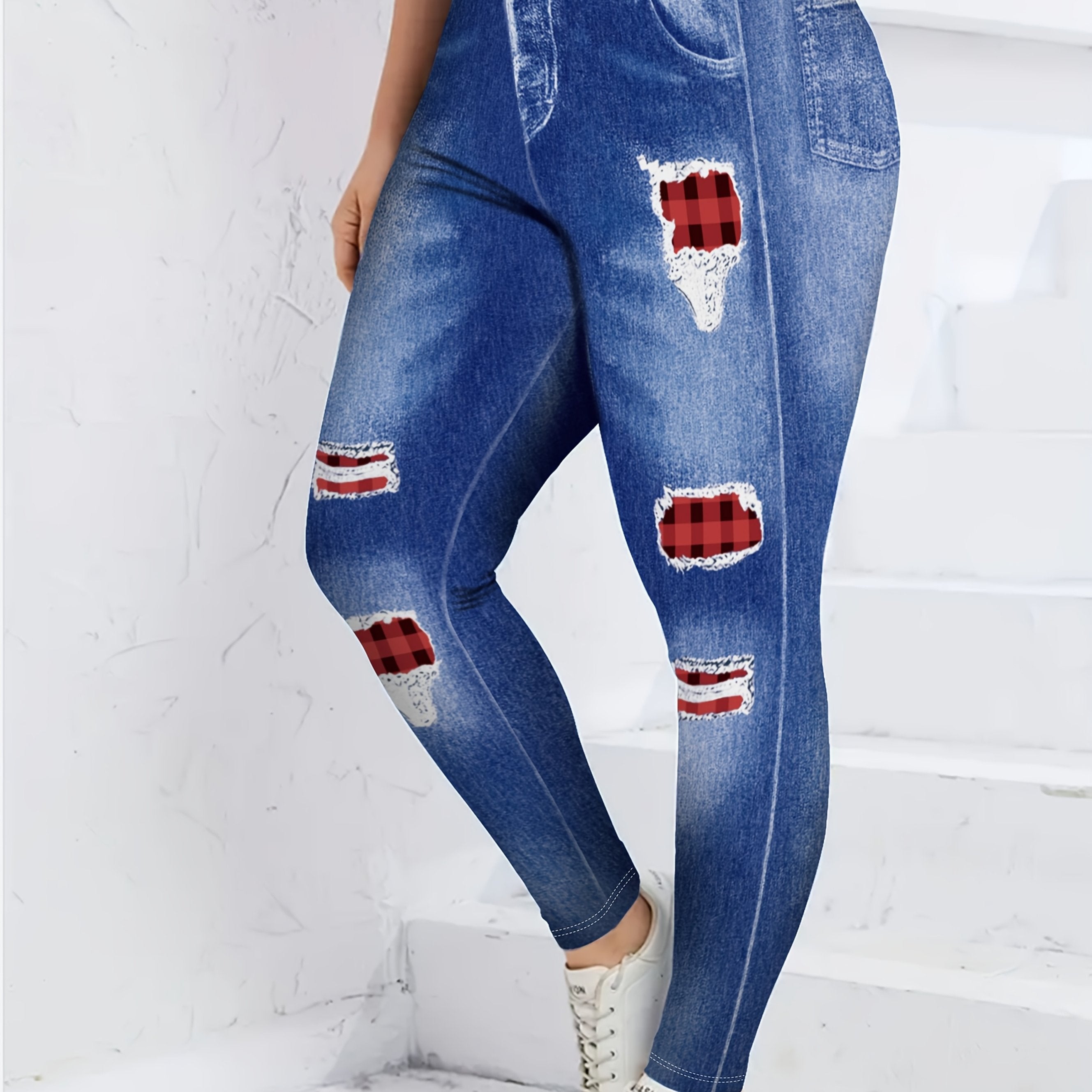 Plus-Size Digital Print Skinny Jeans Casual No Pockets Base Layer