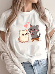 Women's Oversized Polyester T-Shirt with Cat and Heart Graphics, Casual Comfortable Fit