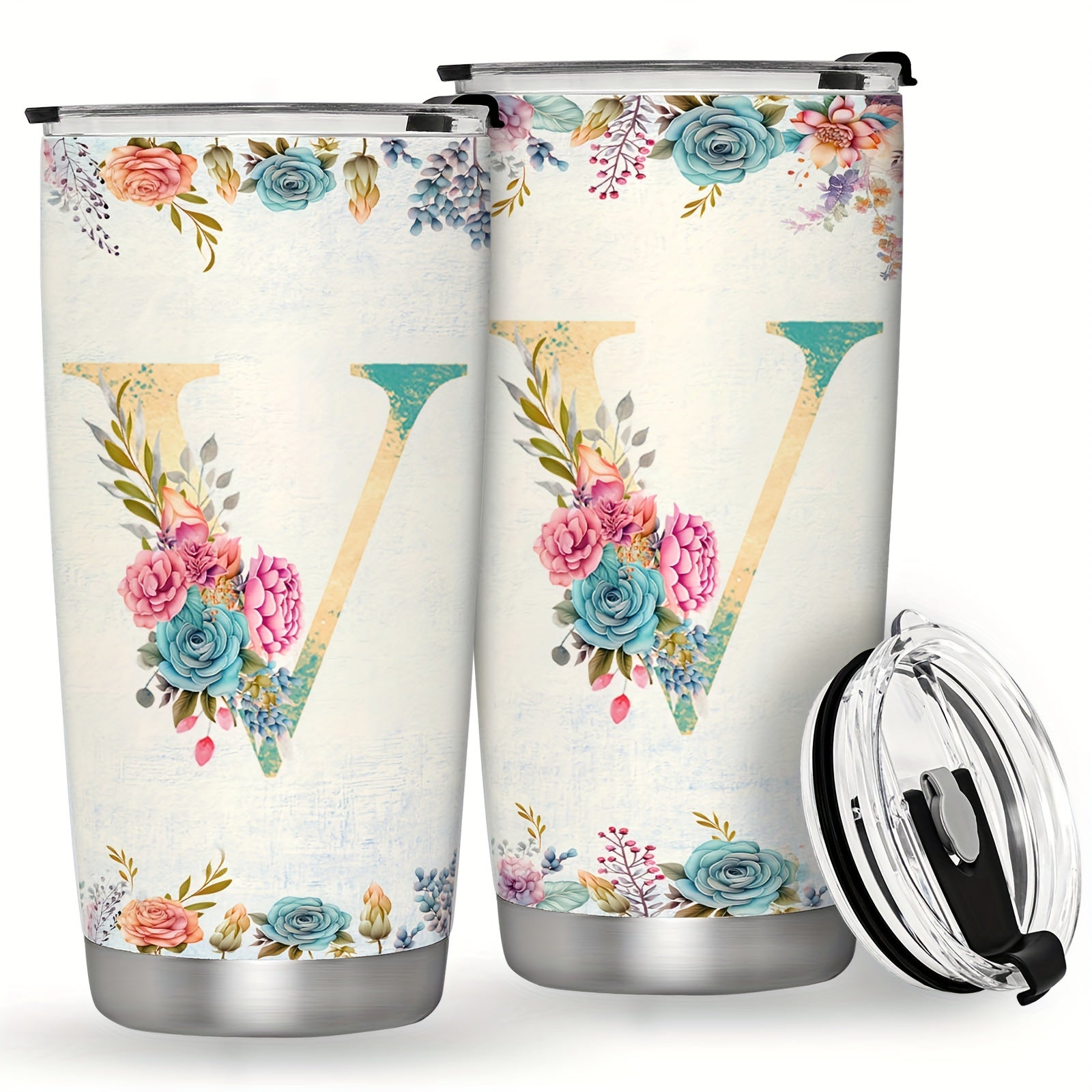 20oz Stainless Steel Tumbler with Monogram Floral Design Leak Proof Lid for Outdoor Use