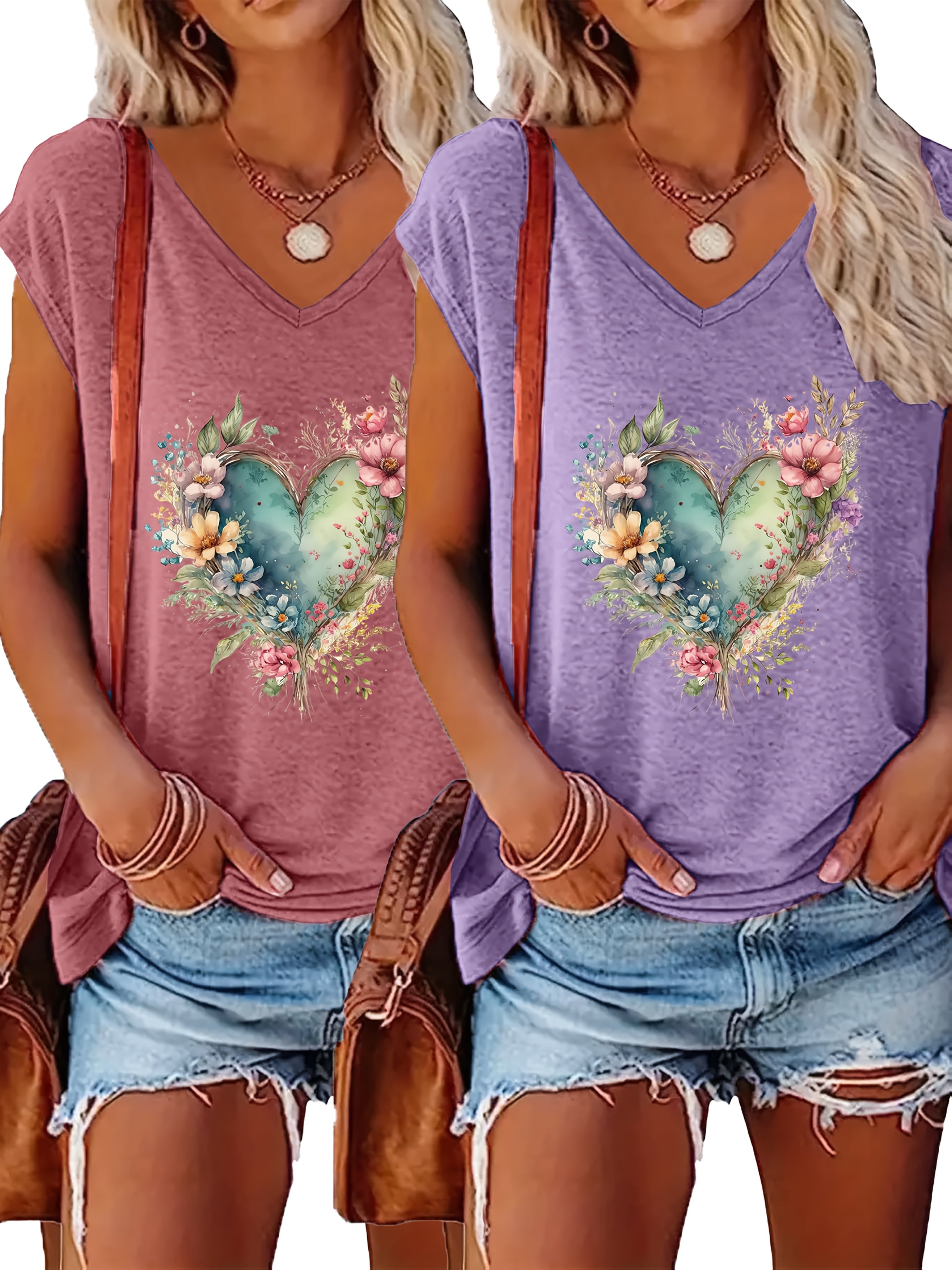 Women's V-Neck T-Shirts 2-Pack Short Sleeve Floral Heart Beige Blue